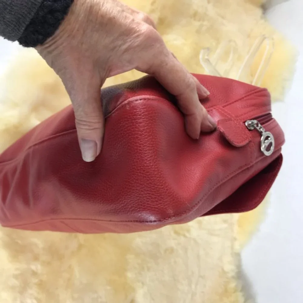 longchamps red pebbled leather satchel bag